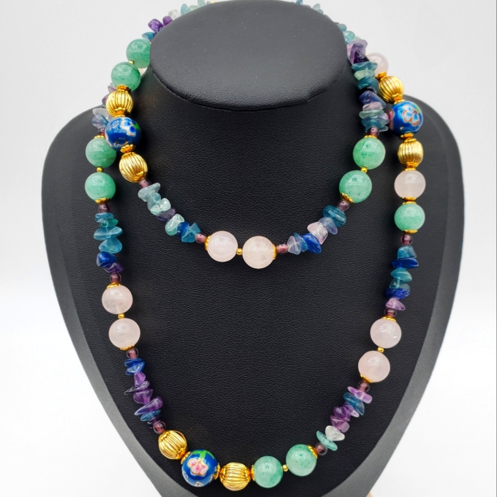 Chinese Colossone Jade, Amythyst, & Quarts Vintage W 14k Plated Beads Necklace